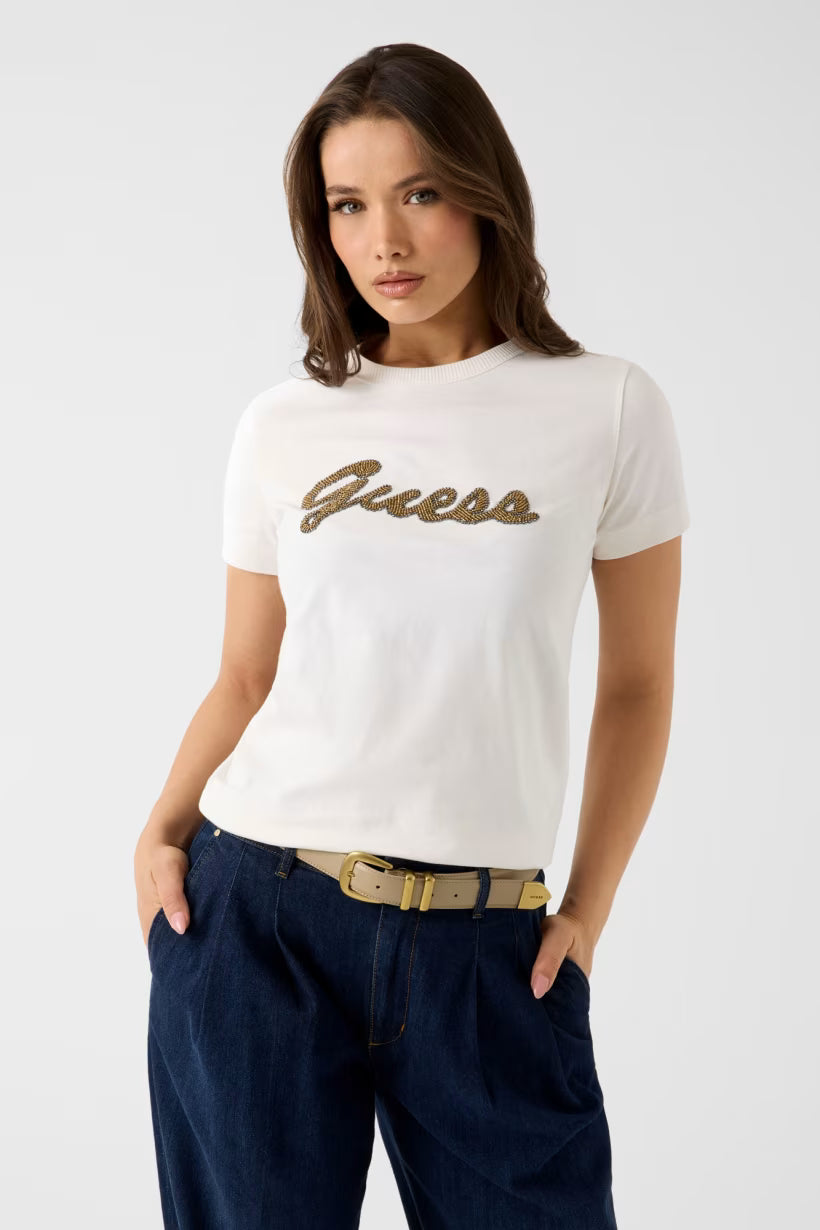 GUESS - T- shirt con logo in perle donna