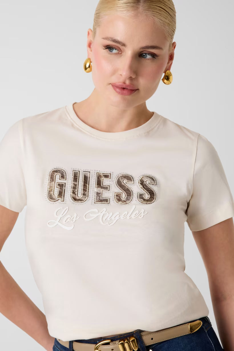 GUESS - T-shirt con logo ricamato e strass donna