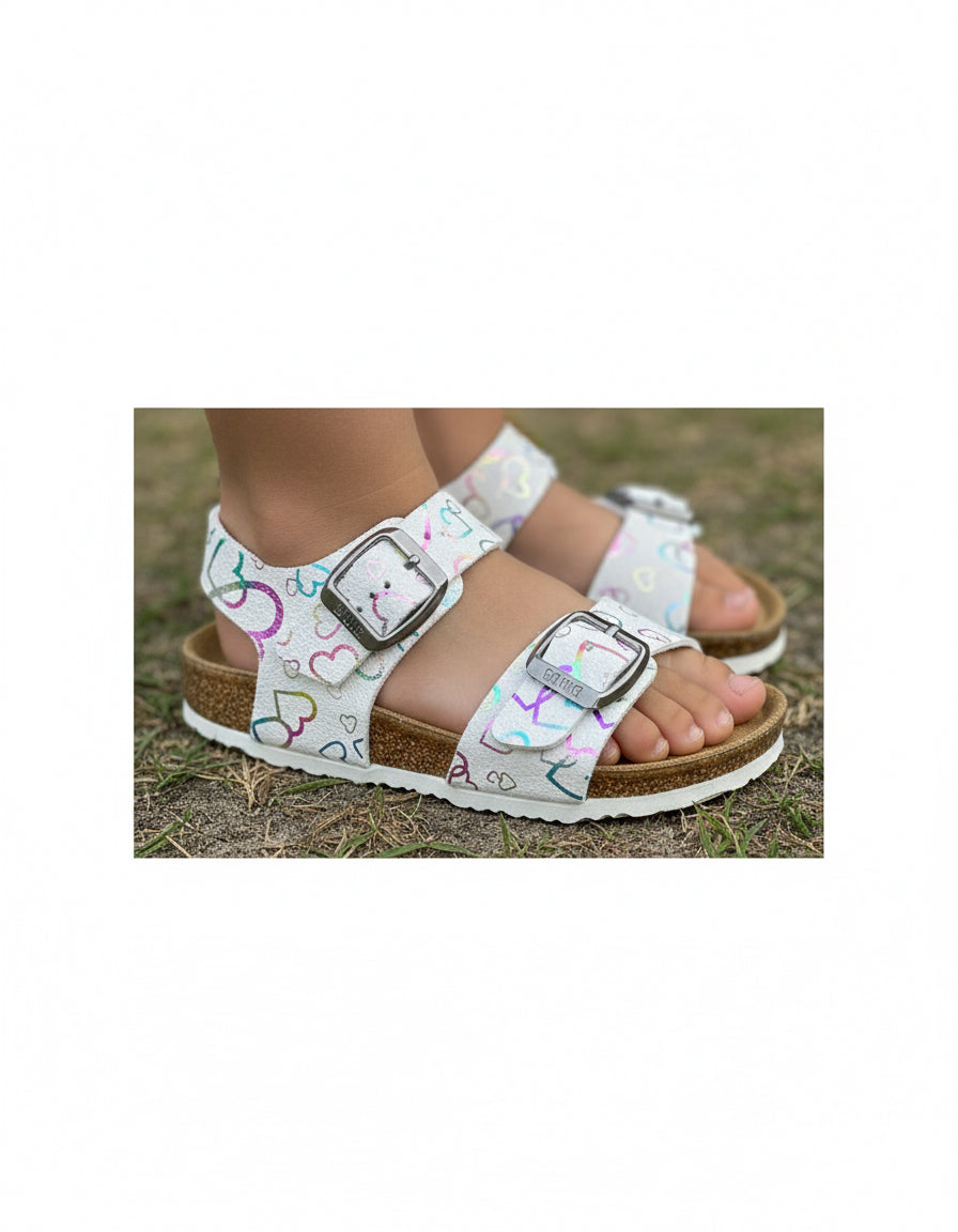 BIOCHIC - Sandalo ghiaccio con cuoricini multicolor allacciatura a strappo bambina/neonata